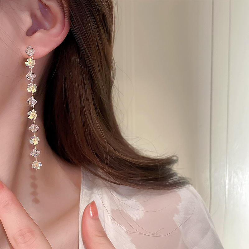 Fashion Flower Arylic Copper Earrings Tassel Zircon Copper Earrings