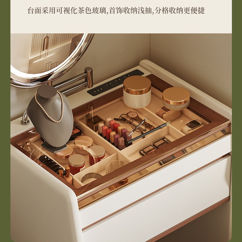 Tocador de estilo antiguo, dormitorio principal de apartamento pequeño, mesa de maquillaje de tamaño pequeño, armario de almacenamiento junto a la cama, una sensación de lujo ligero y de alta gama