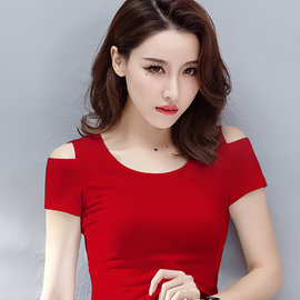 露肩上衣短袖T恤女夏季新款修身薄款紧身红色圆领漏肩体恤打底衫