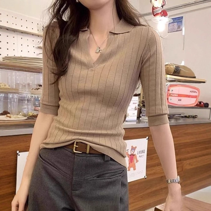 2026 Summer New Style Elegant Polo Collar Slim-Fit Mid-Sleeve Knit Shirt Women's T-Shirt with Unique Design and Pure Allure Top