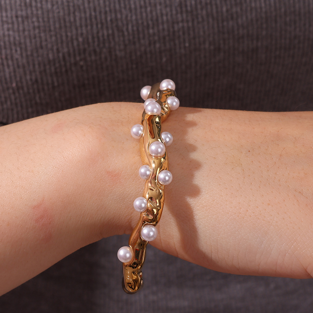 25 años de nueva industria pesada europea y americana, fundición retro francesa, exquisita imitación de perlas, pulsera abierta, joyería de alta calidad