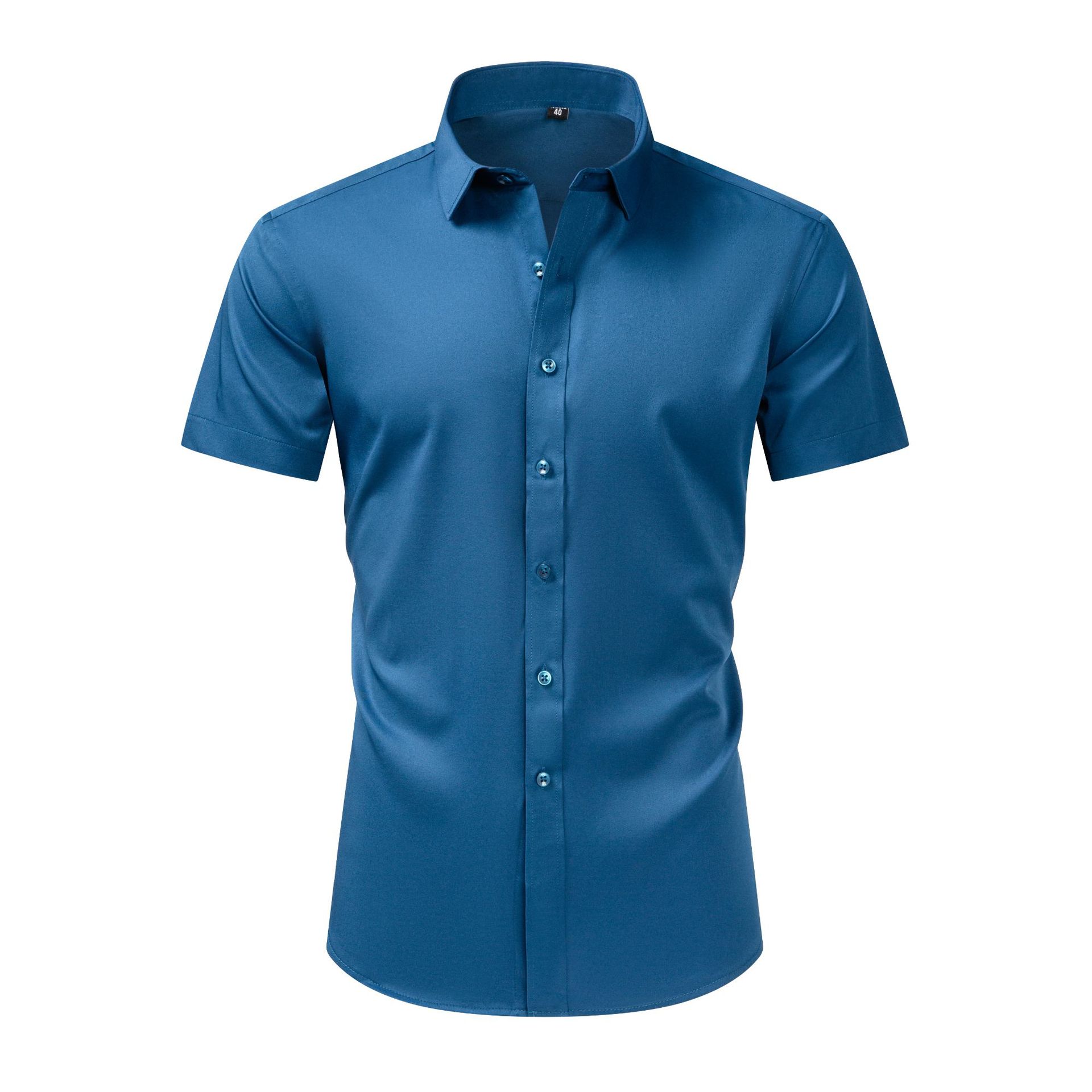 Stretch Short Sleeves Peacock Blue Natural Button