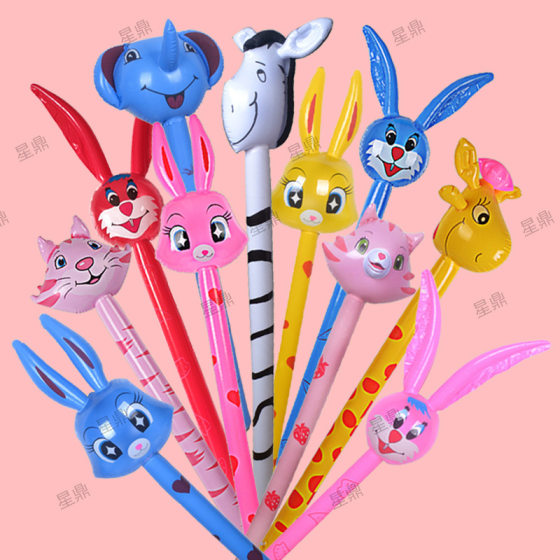 Hot sale cartoon PVC puffing toy giraffe with ring animal head stick push gift inflatable long stick