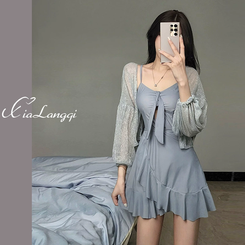 Свежий Цельный купальник, Женская консервативная юбка для похудения, закрывающая живот, в горошек на маленькой груди, собранная Сексуальная Весенняя праздничная одежда