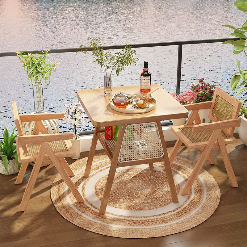 Solid Wood Chinese-Style Tea Table, Small Balcony Tea Table, Household Tea Table, Outdoor Balcony Leisure Table and Chairs, Small Apartment Tea Table
