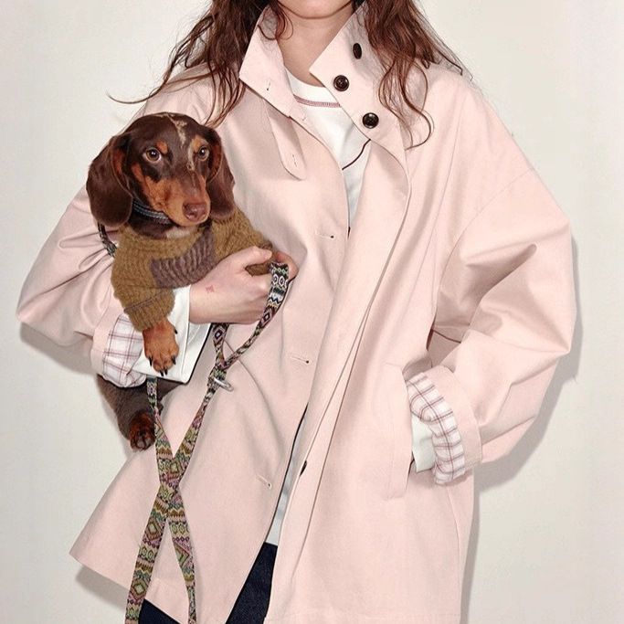 Cream Peach Pink Sleeves and Plaid Short Windbreaker Jacket for Women with Design for Small People Spring New Style