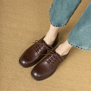 2025 New Style Handmade Cowhide British Style Round-Toe Small Leather Shoes for Women Lace-Up Spring and Autumn Genuine Leather Chunky Heel Flats