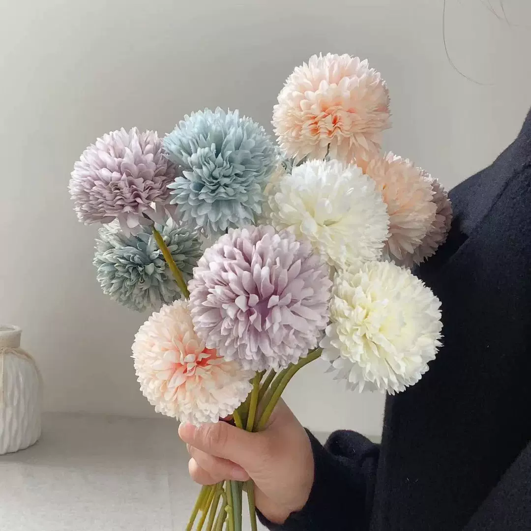 仿真小球菊马卡龙人造假花批发乒乓球蒲公英婚礼摆件拍摄造景道具