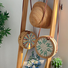 Wholesale Nordic rattan diagonal colorful shell forest basket retro literary hand-woven shoulder leather buckle bag