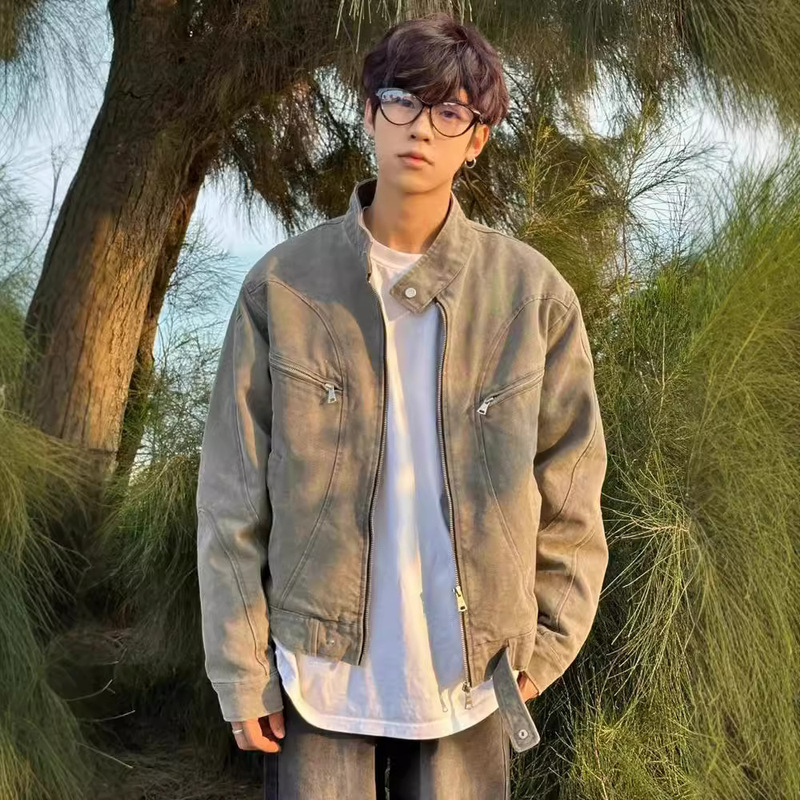 Washed Grey Collar Denim Jacket Men's Spring and Autumn Vintage Trendy Brand Zipper Short Jacket American Style Design Sense Jacket Washed Grey Collar Denim Jacket Men's Spring and Autumn Vintage Trendy Brand Zipper Short Jacket American Style Design Sense Jacket
