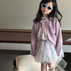 女童套裝春裝2024新款洋氣時髦兒童裝毛線開衫t恤短裙寶寶三件套