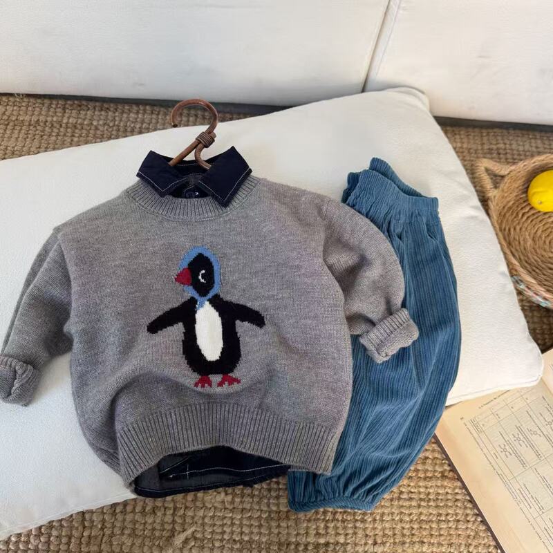 2026 Autumn Collection Children's Penguin Korean Style Baby Pullover Soft and Skin-Friendly Loose Versatile Pullover Sweater for Boys and Girls