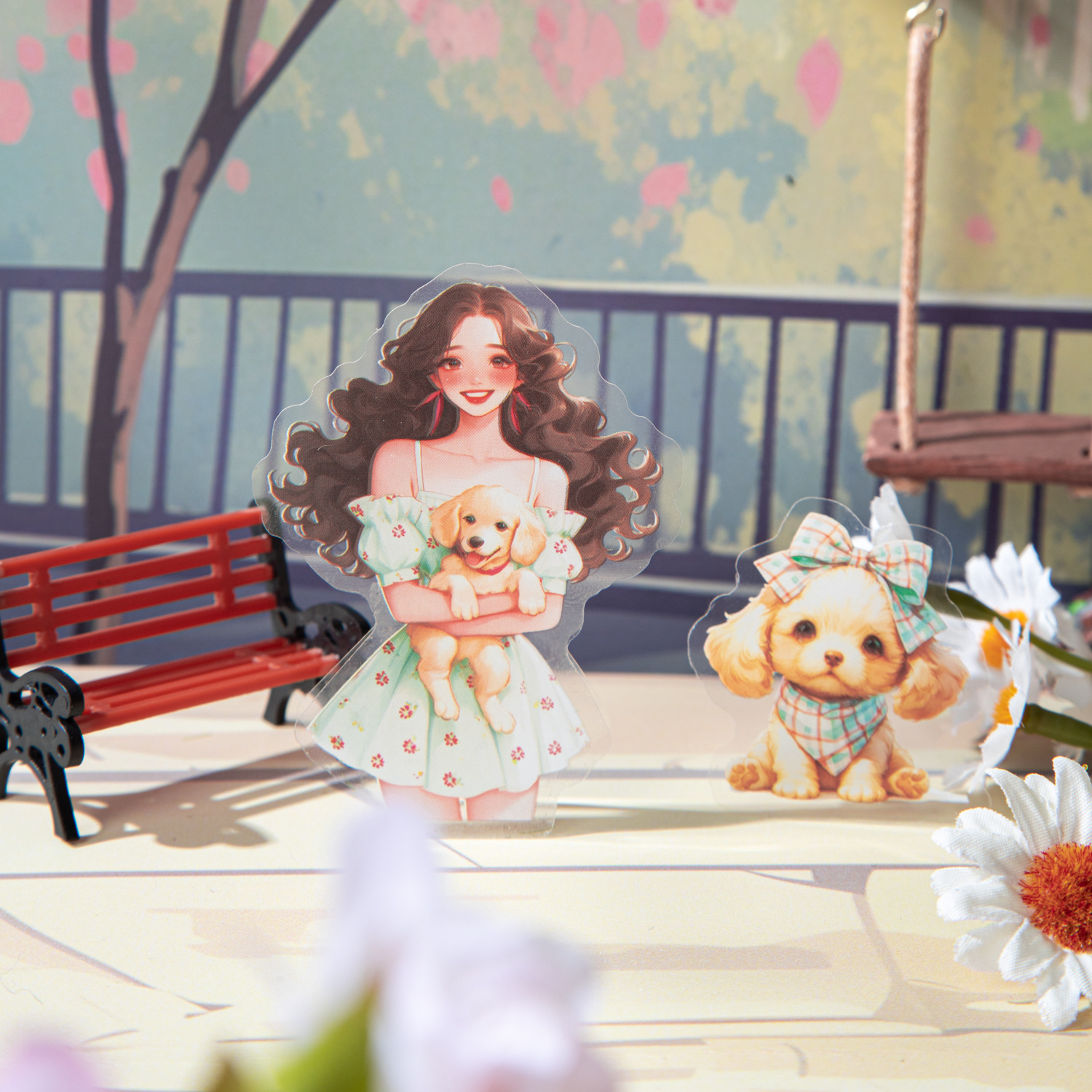 Hermoso día tema de mascotas pegatinas de PET su serie de mascotas doble tinta blanca material de cuenta de mano pegatinas de bricolaje