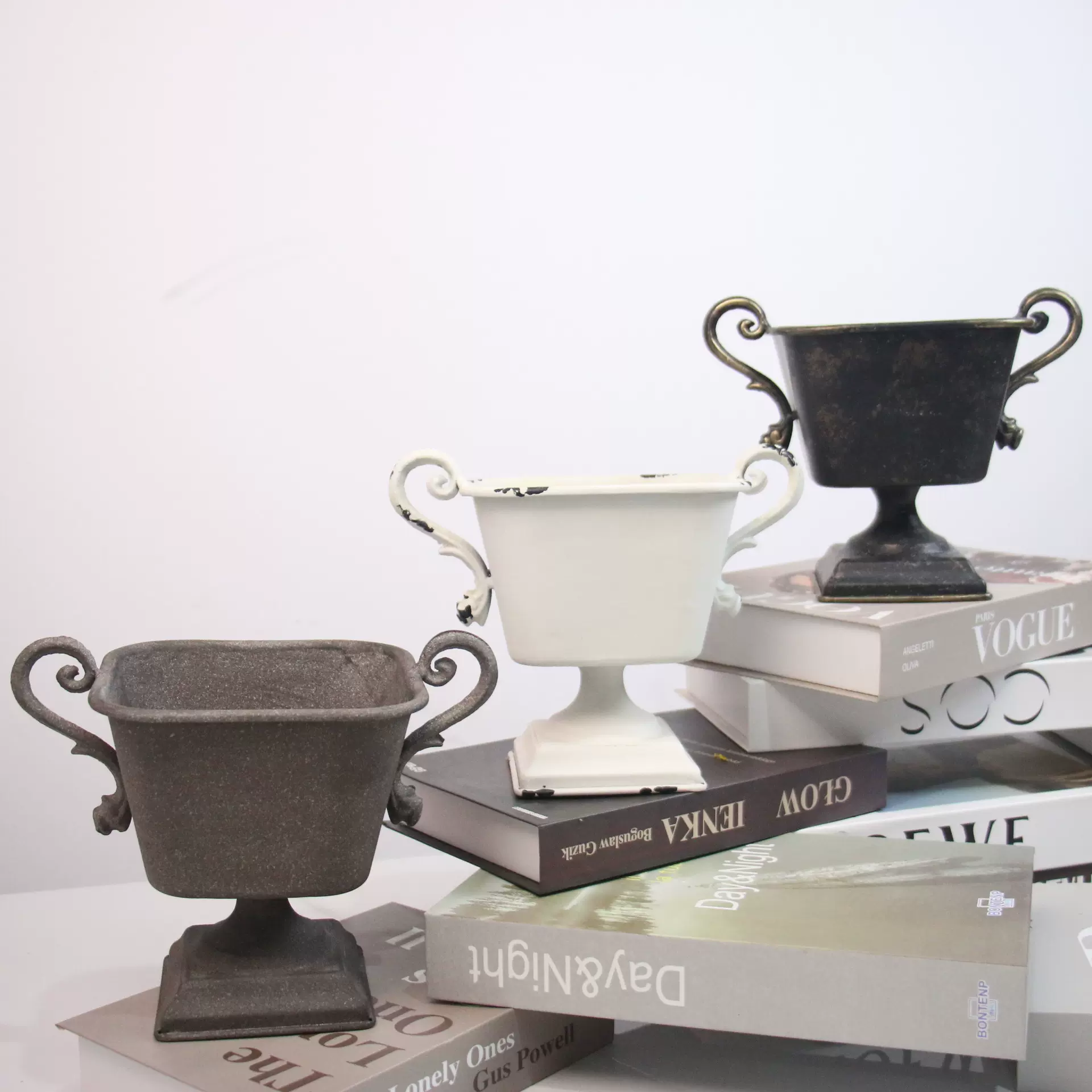 美式复古高脚花盆客厅装饰做旧插花花瓶铸铁双耳宽口花器拍摄道具