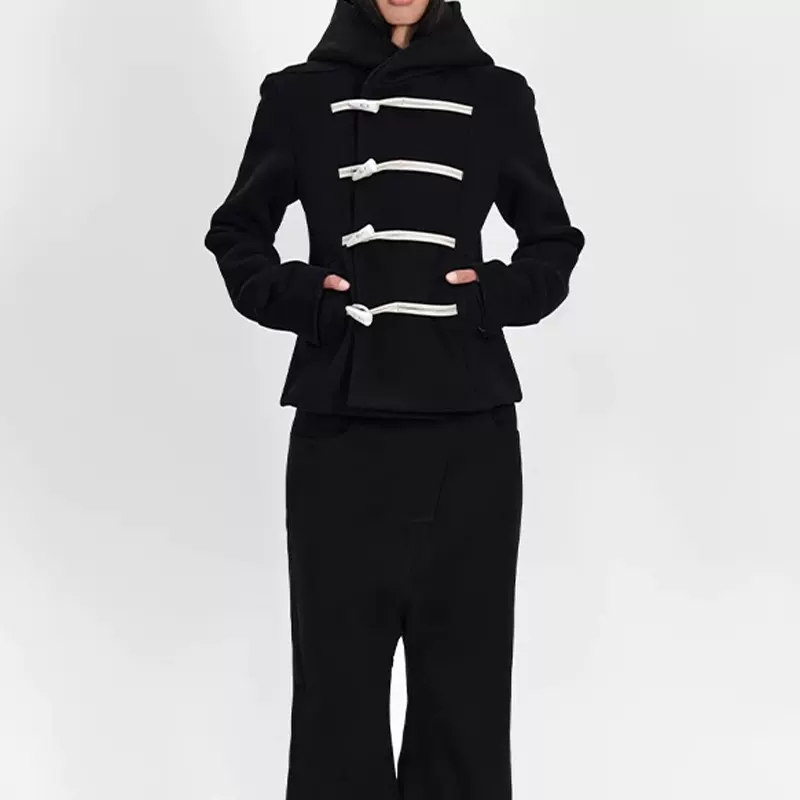 现货RAREL牛角扣短款连帽呢外套 黑色2025新中式盘扣秋冬外套