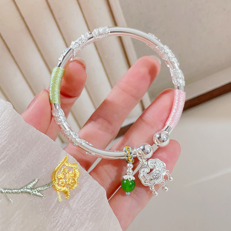 正宗繁花似锦纯银手镯女9999足银镯子平安锁手链年轻款送女友正品|undefined