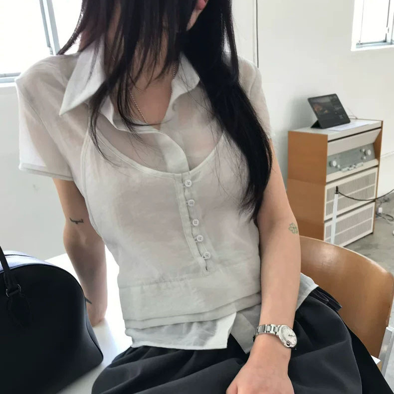 Fan Sun·Xh Korean Style Fake Two-Piece Top Dongdaemun New Summer Style Tie-Neck Halter Neck Short-Sleeve Shirt