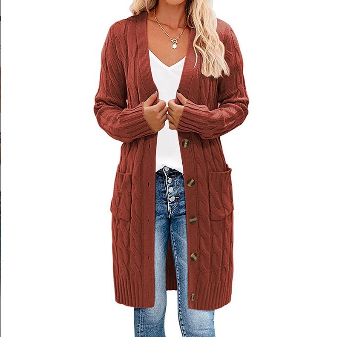 Comercio exterior transfronterizo Amazon Otoño e Invierno 2024 nuevo suéter de giro largo de las mujeres de color sólido botón bolsillo cardigan abrigo