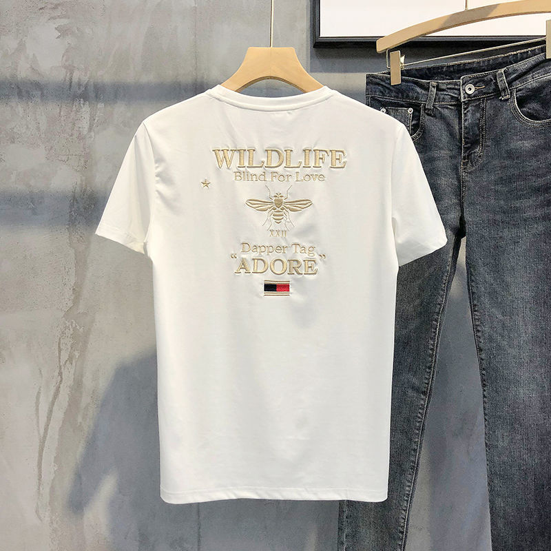 Été petite abeille à manches courtes hommes net marée rouge marque ins coupe ajustée col rond T-shirt esprit social vêtements_voghion.com