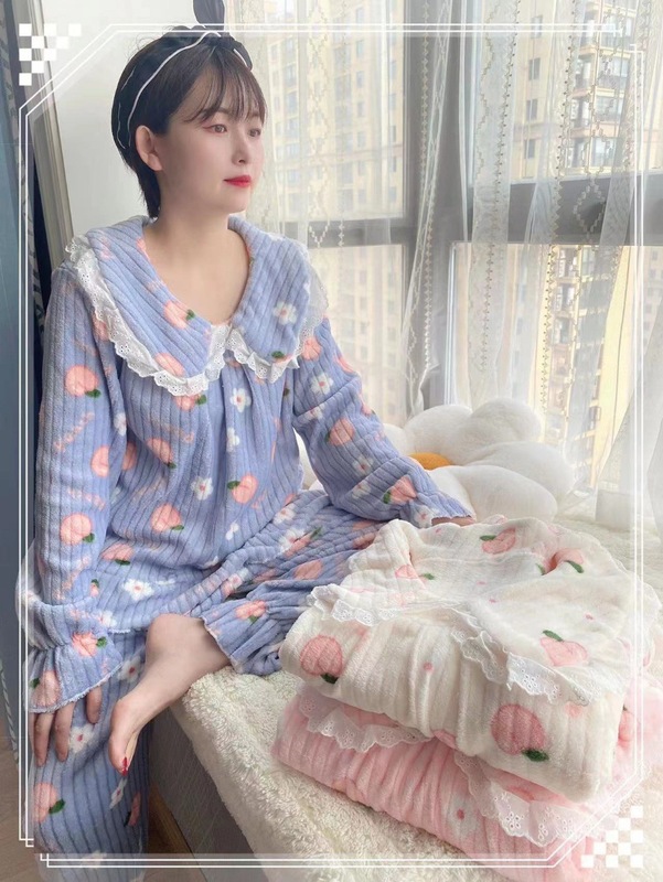 珊瑚绒睡衣女冬天加厚外穿法兰绒家居服宽松长款开衫套装加厚保暖|undefined