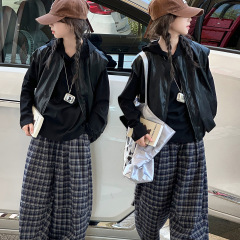 女童皮马甲秋装2025新款中大儿童超好看格子裤子套装女孩三件套潮