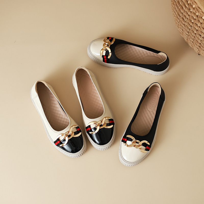 Metal Buckle Loafers 2023 New Versatile Lazy Shoes Comfortable Round Toe Shallow Mouth Thick Sole Slip-On Shoes For Women_voghion.com