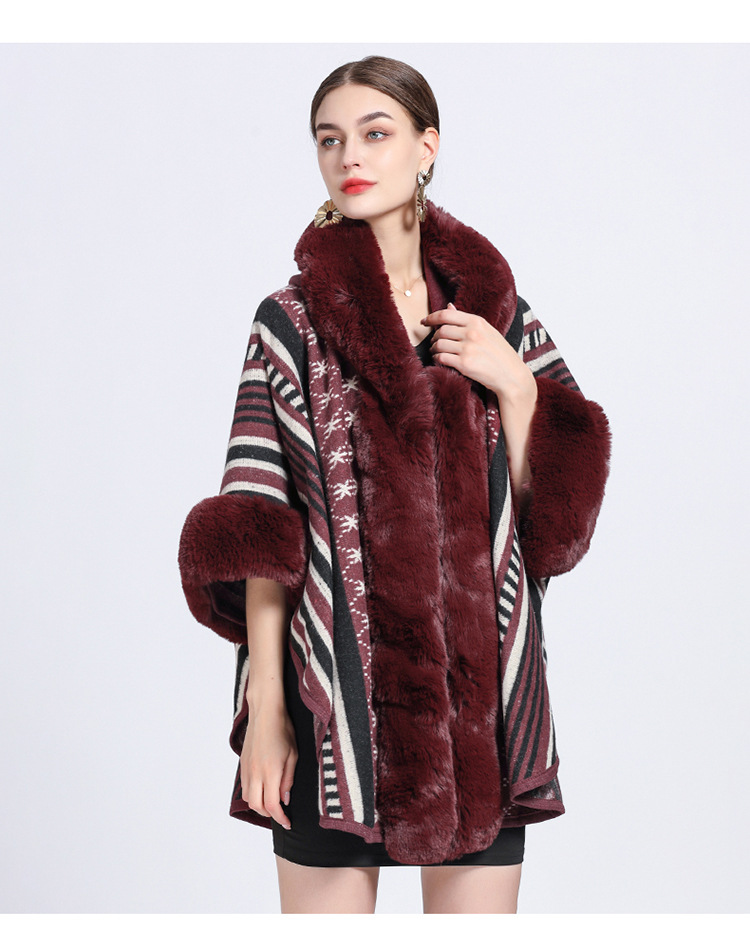 Mantella collo pelliccia grande taglia jacquard cardigan maglione cappotto donna_voghion.com