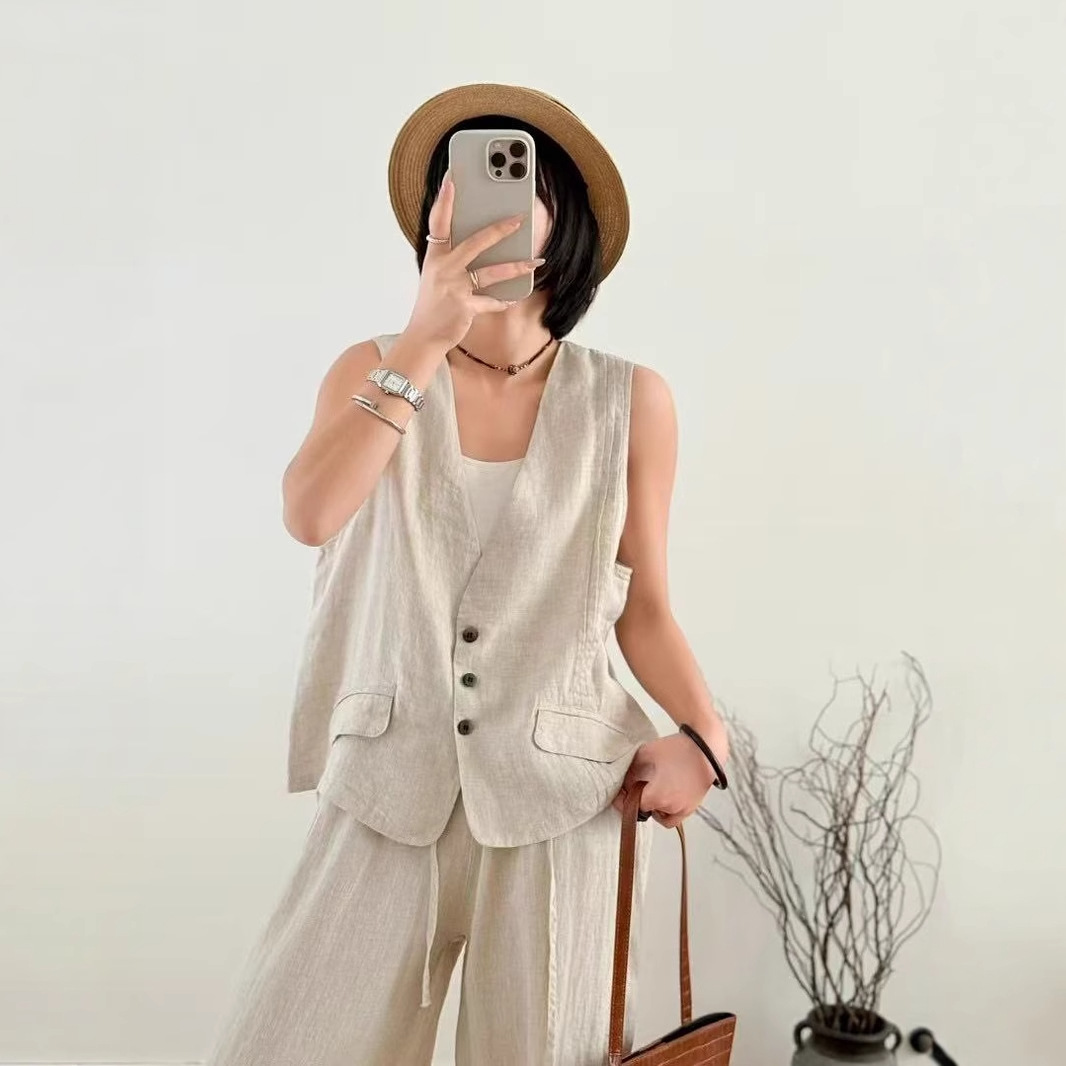 2025 Summer Korean Style Loose Elegant Commuting Style Linen Solid Color Stacked Vest All-match Sleeveless Top Women's 390