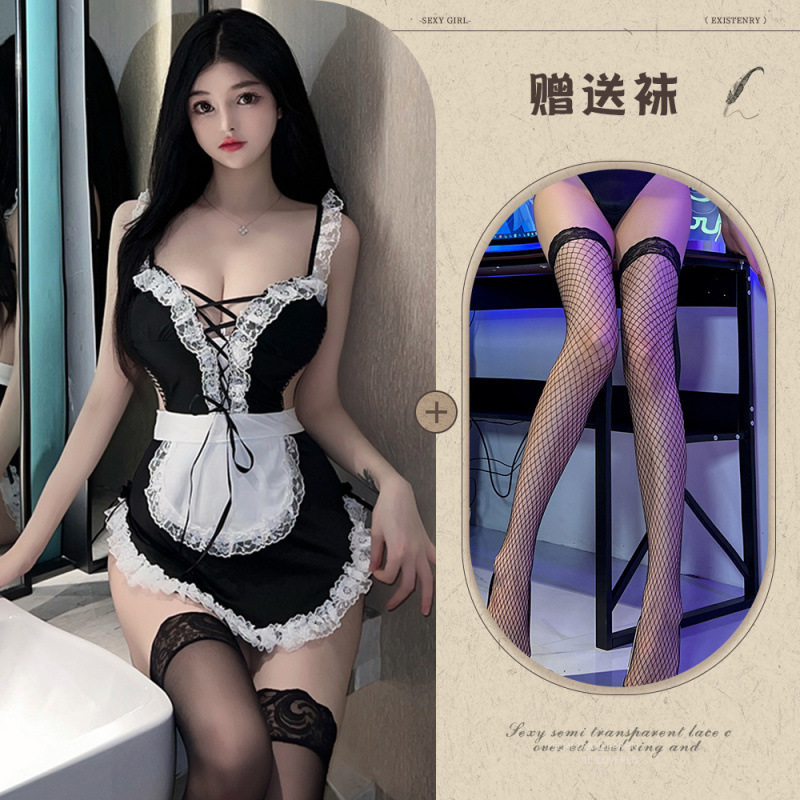 Sexy Lingerie Role Play Maid Uniform With Lace-up Bra Set_voghion.com