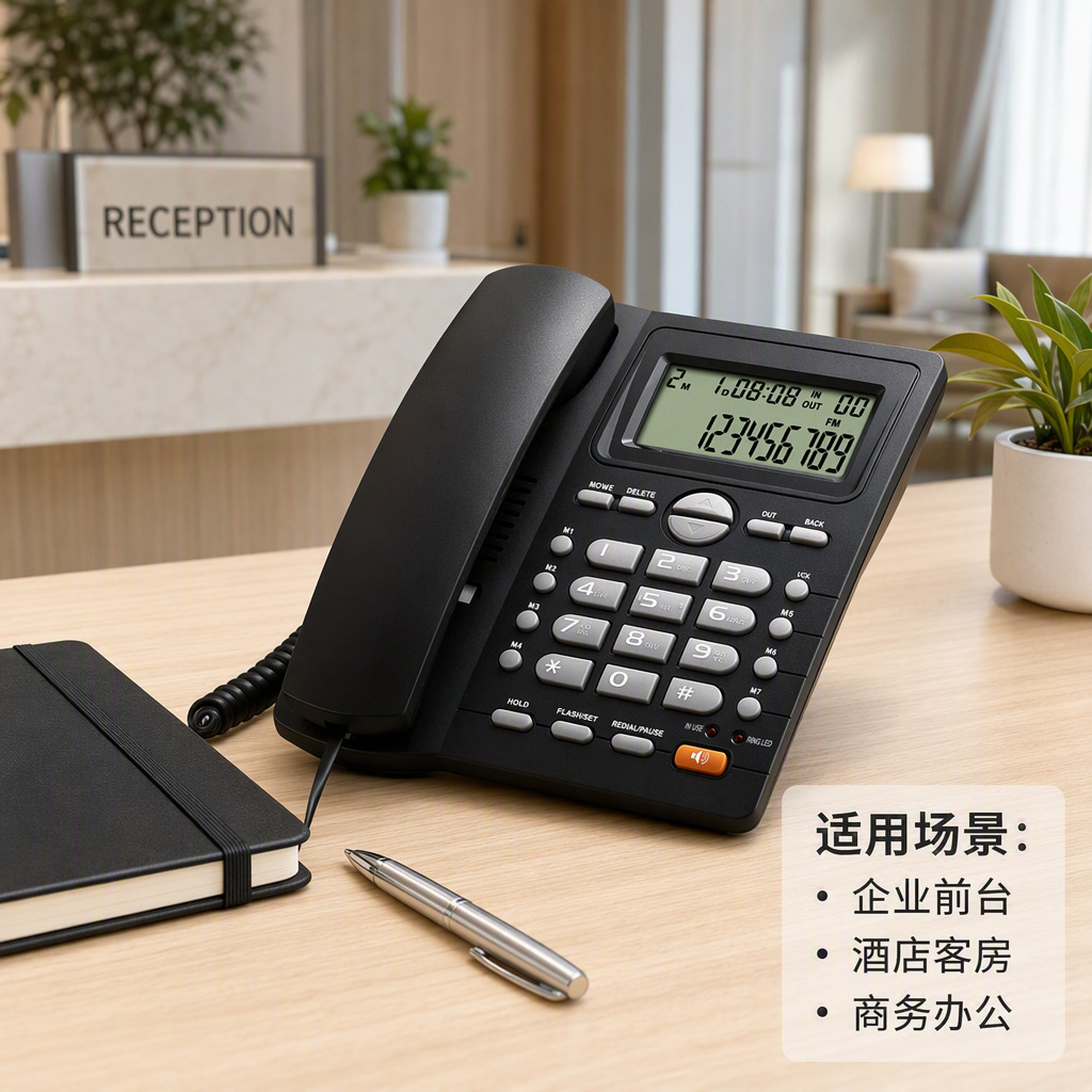 L005 English-language wired landline telephone with dual interfaces, battery-free, suitable for business, home, and office use.
