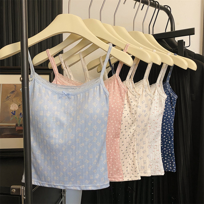 Bear Flower-print Sweet Girl Sling Vest Women's Belt Chest Pad Inner Wearing Outer Wearing Sweet Korean-style Ram Base Sling Sling Underwear