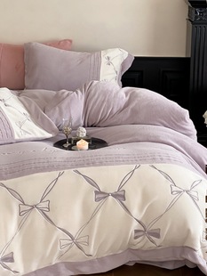 Winter Thickeneded Milk Velvet Four-Piece Embroidered Coral Velvet Quilt Cover Purple High-End Warm Velvet Bedding 4