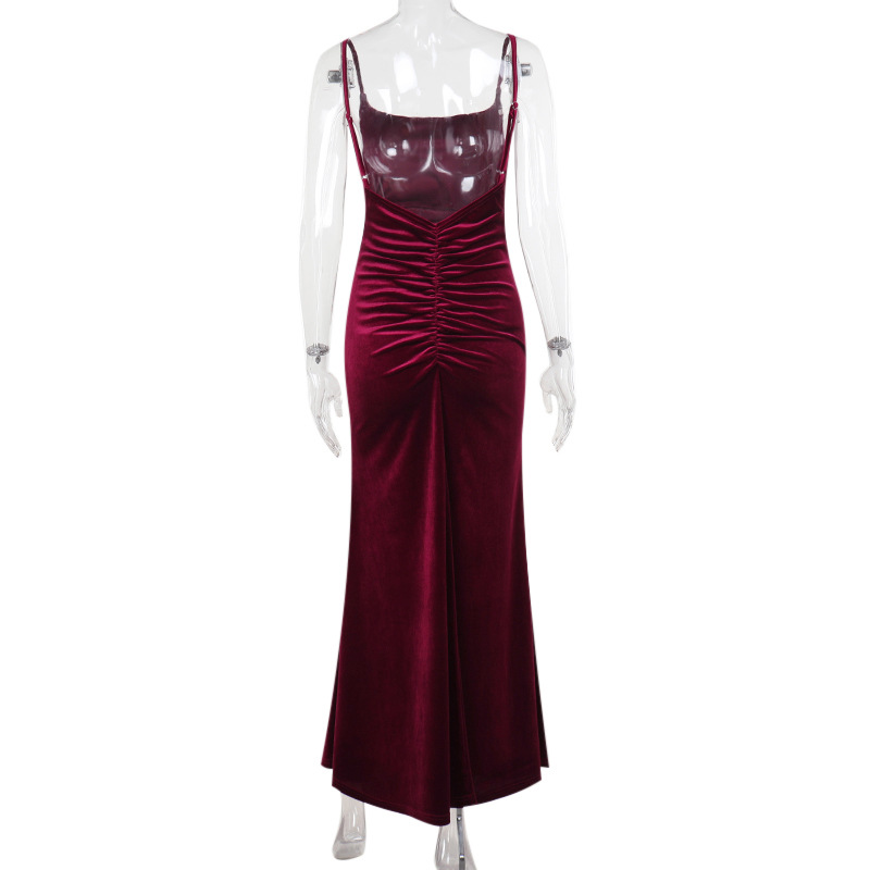 Autumn Socialite Sexy Velvet Pleated Fitted Waist Backless Sling Dress