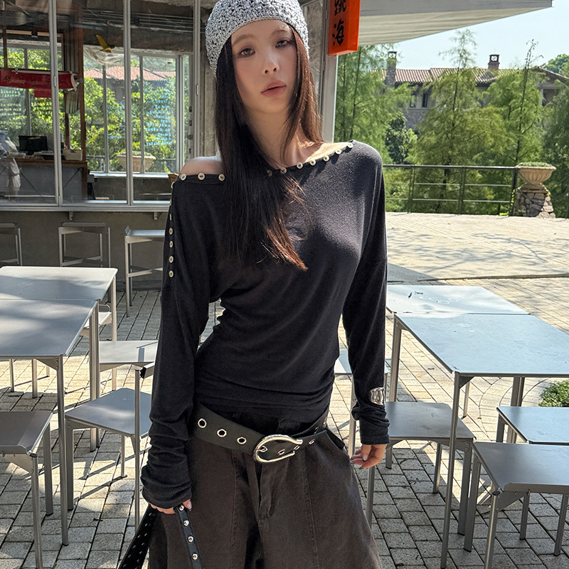 Mmfish Fashionable Street Casual Wave Style Shell Button One-Line Collar Elegant Long-Sleeved High-Elastic T-Shirt 25t433