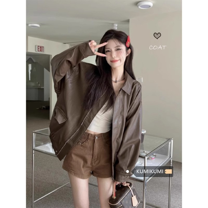 美拉德皮衣外套女2025秋季新款爆款女棕色美式港式复古高级感机车|undefined