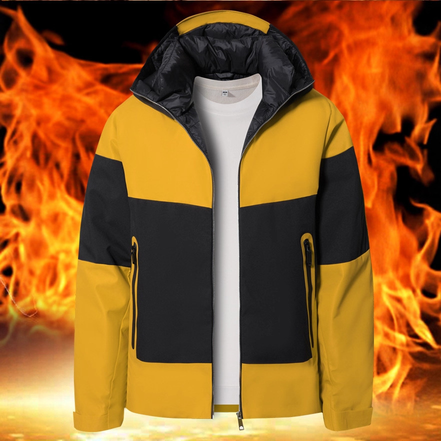 Hombre transfronterizo invierno encapuchado chaqueta juvenil de color contrastante campamento al aire libre impermeable chaqueta de pareja
