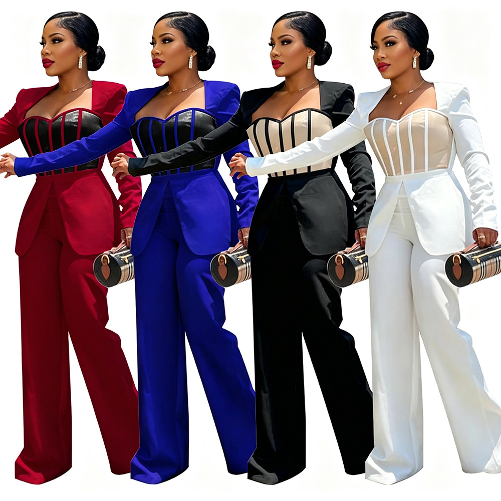 HDK10590 Amazon Ropa de mujer para comercio exterior europeo y americano, mono sexy de manga larga con bloques de color y cintura ajustada, de pierna ancha, al por mayor