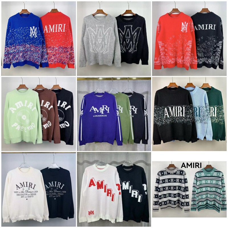 AMIRI Autumn and Winter New Letter Jacquard Logo Trendy Loose Casual Trendy Knitted Crewneck Sweater for Men and Women