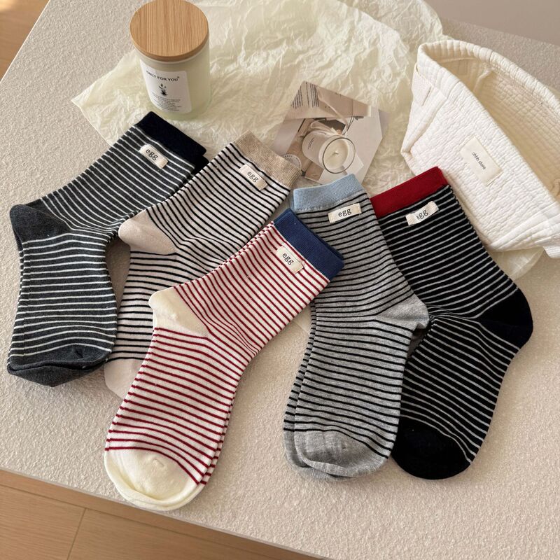Autumn and Winter New Women's Mid-Calf Socks with Striped Fabric Label, Japanese-Style Ins Trendy Casual Simple Cotton Socks Autumn and Winter New Women's Mid-Calf Socks with Striped Fabric Label, Japanese-Style Ins Trendy Casual Simple Cotton Socks