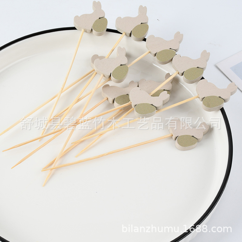 Fábrica suministro de conejo horquilla de fruta creativa animal decoración horquilla de fruta bandeja de bambú desechable horquilla de moda