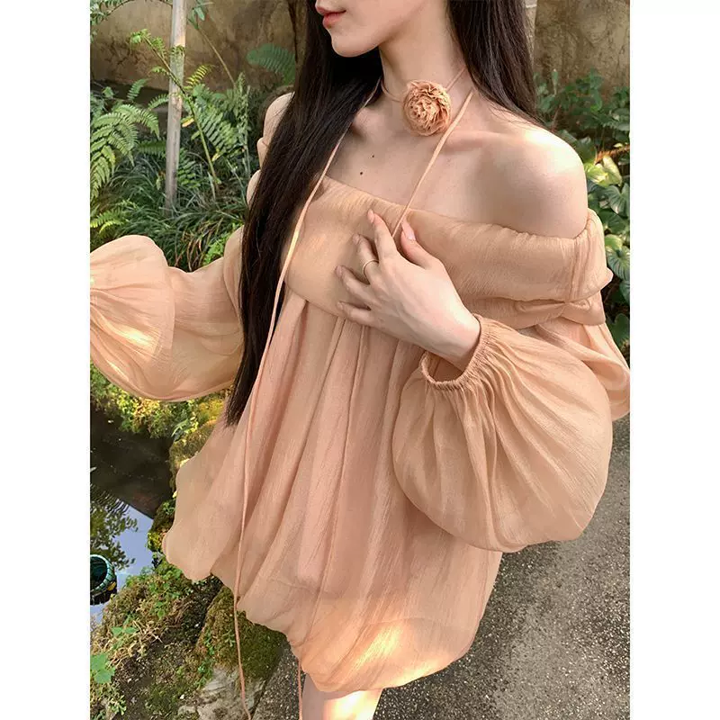 春日甜橙美式飘逸花苞一字肩连衣裙2026年夏季宽松重工气质上衣