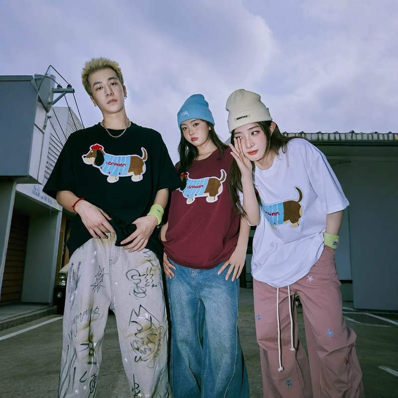 2025 Fun Puppy Embroidered Cotton Short-sleeved T-shirt Men's Summer Japanese Style Loose T-shirt Trendy Brand Couple Half-sleeved T-shirt