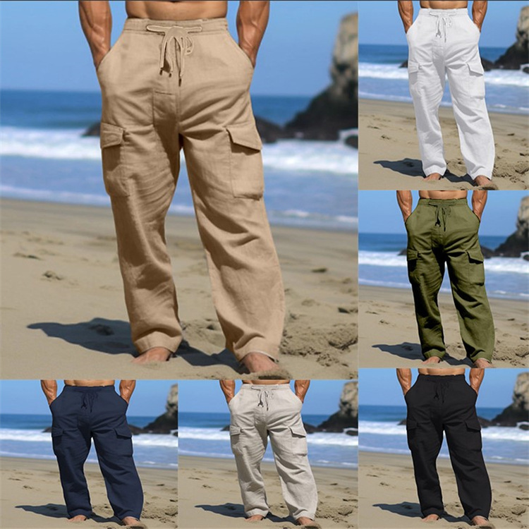 Men's overalls linen trousers drawstring multi-pocket straight plain comfortable breathable outdoor Daily pants