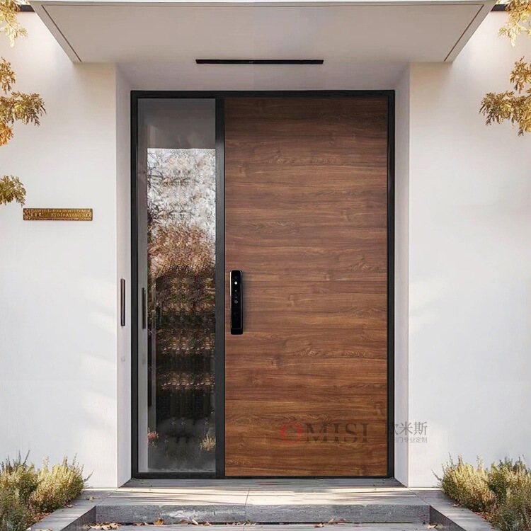 Cast Aluminum Villa Door Double Door Entrance Wooden Grain Glass Door Double Door Rural Own House Entrance Double Door