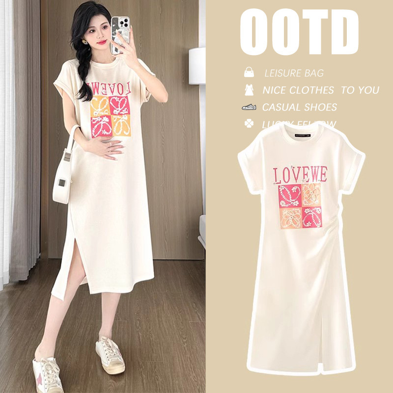 Pregnant women dress summer 2024 new apricot casual fashion slimming nail bead printing thin short sleeve long