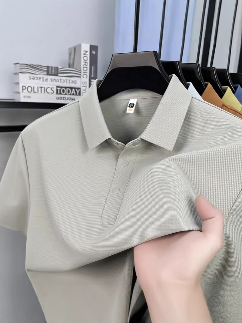 Seamless Nylon Polo Shirt, New Summer Style, Three-Button Split Hem, Men's High-Quality Solid Color Casual Popular T-Shirt
