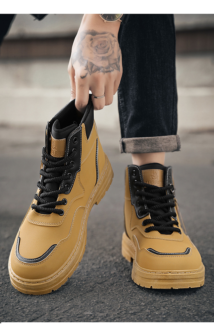 Autumn men's shoes High top British style work big yellow boots men's all-in-one platform ankle boots_voghion.com