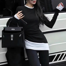 拼色假两件德绒双层气质打底衫女修身性感长袖褶皱收腰T恤上衣款