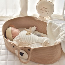 ins北欧风婴儿手提篮 便携式纯棉编织婴儿睡篮 外出手提婴儿床