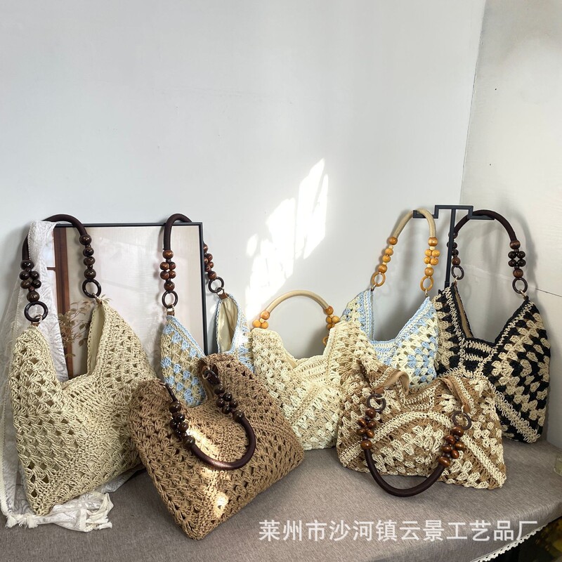 New Fashionable Handmade Woven Bags, Versatile Paper Rope Crochet Straw Bags, Vacation Style Beach Bags, Single-Shoulder Straw Bags